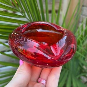 Vintage Murano Red Glass Ashtray, Mid century Modern home decor